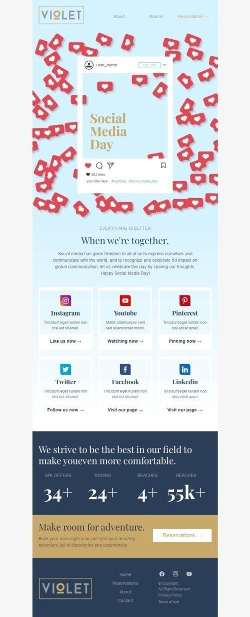Modelo de E-mail de «Quando estamos juntos» de Dia das Mídias Sociais para a indústria de Hotéis Visualização de dispositivo móvel