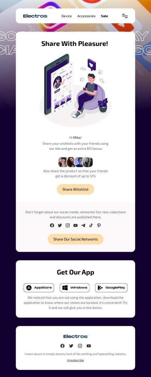 Social Media Day Email Template "Share Your Wishlists for a Bonus" for Ecommerce industry desktop view