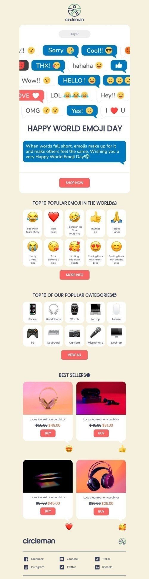 Welt-Emoji-Tag E-Mail-Vorlage «Die 10 beliebtesten Emojis» für Elektronik & Gadgets-Branche Ansicht auf Mobilgeräten
