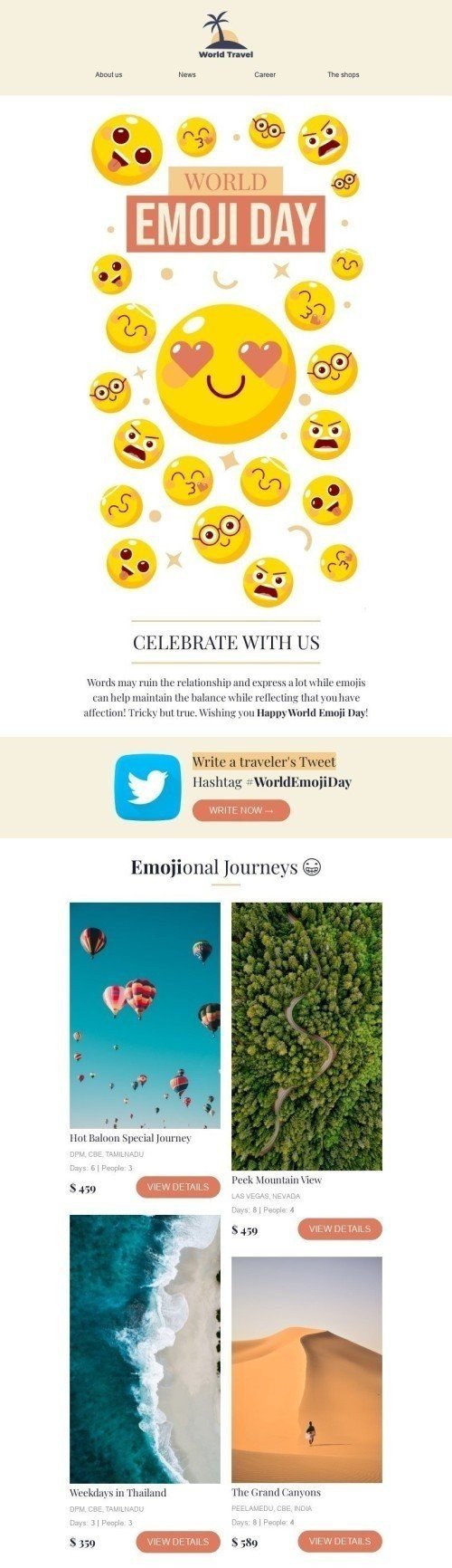 Modèle de courrier électronique Journée mondiale des emojis «Rédiger le Tweet d'un voyageur» pour le secteur Tourisme Affichage ordinateur