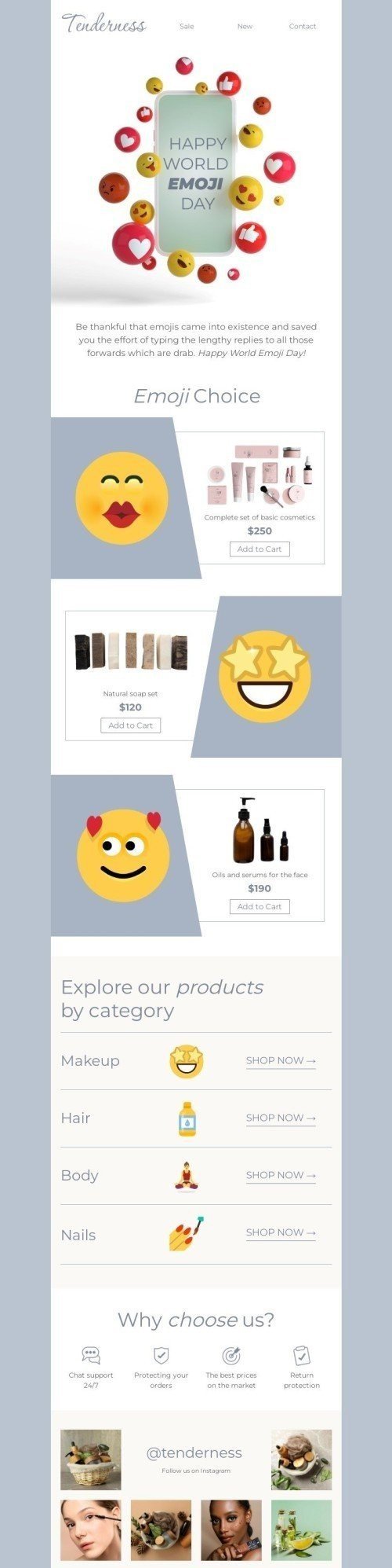 Welt-Emoji-Tag E-Mail-Vorlage «Emojis sind überall» für Beauty & Pflege-Branche Desktop-Ansicht