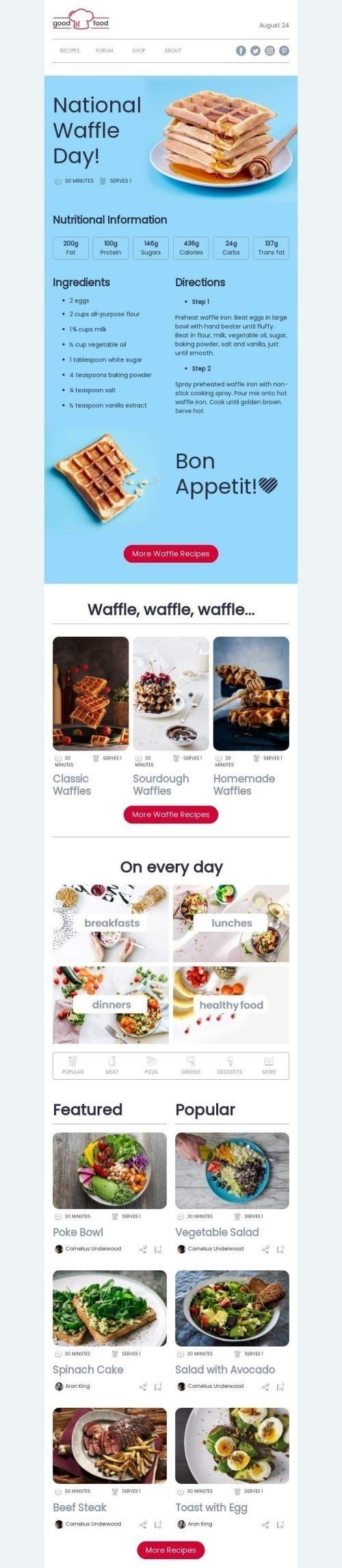 Modello Email Giornata nazionale della cialda «Condividi la tua ricetta per i waffle» per il settore industriale di Cibo Visualizzazione mobile
