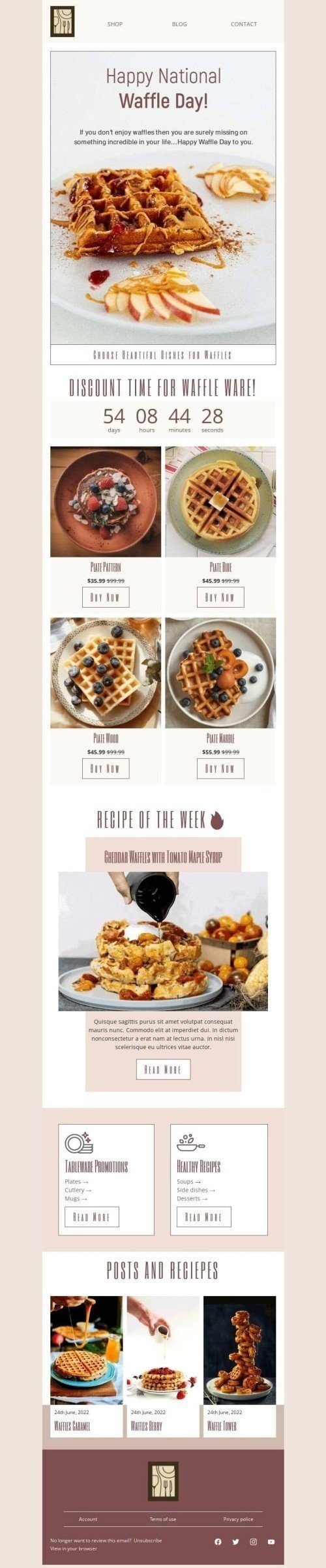 National Waffle Day Email Template "Choose beautiful dishes for waffles" for Furniture, Interior & DIY industry desktop view