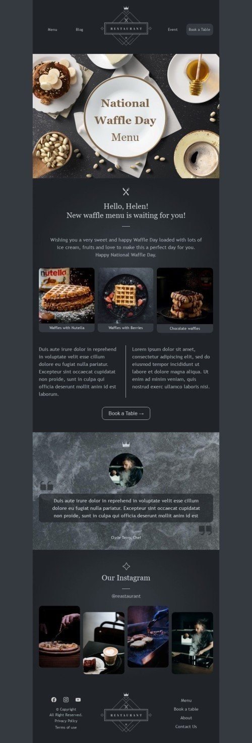 Plantilla de correo electrónico «Nuevo menú de gofres» de Día Nacional del Waffle para la industria de Gastronomía Vista de escritorio