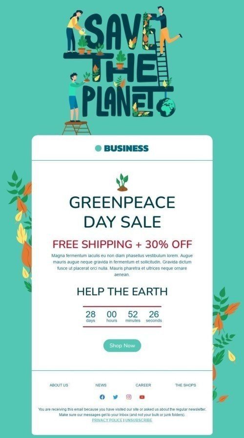 Modelo de E-mail de «Venda do dia do Greenpeace» de Greenpeace Day para a indústria de Negócios Visualização de dispositivo móvel