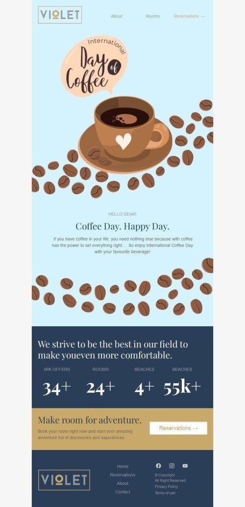 International Coffee Day Email Template "Happy Coffee day" for Hotels industry desktop view
