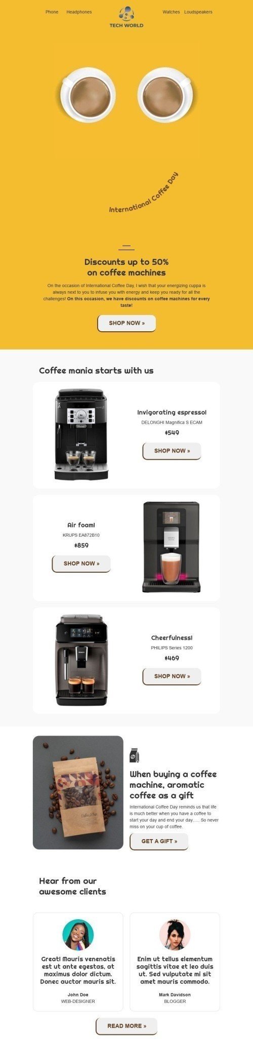 Modèle de courrier électronique Journée internationale du café «Sourire de café» pour le secteur Gadgets Affichage mobile