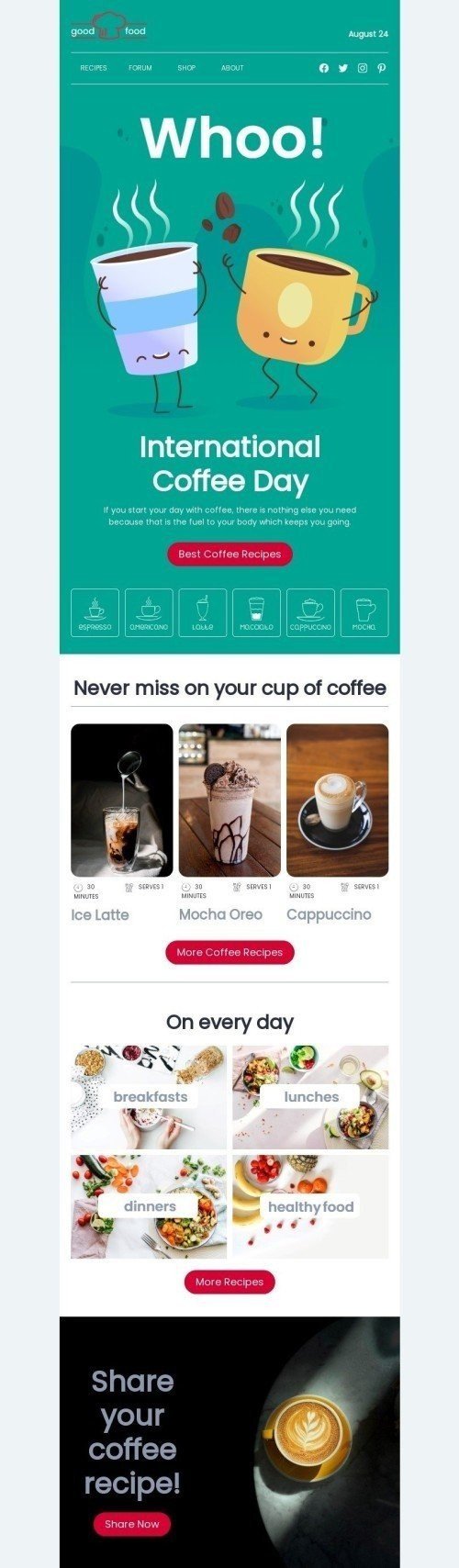 Modelo de E-mail de «As melhores receitas de café» de Dia Internacional do Café para a indústria de Alimentação Visualização de dispositivo móvel