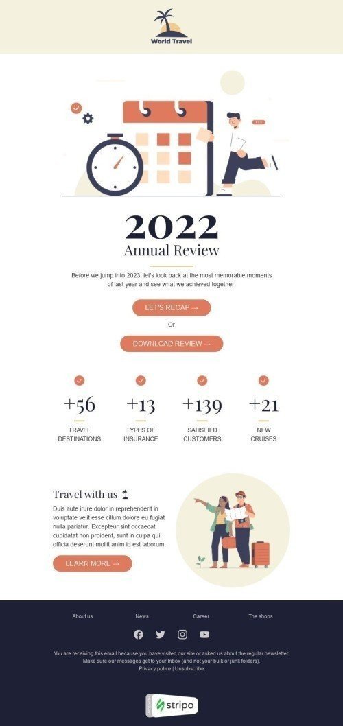 Modelo de E-mail de «Antes de entrarmos em 2023» de Revisão anual para a indústria de Turismo Visualização de dispositivo móvel