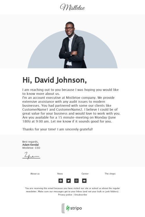 Modelo de E-mail de «Obrigado pelo seu tempo» de Nota pessoal para a indústria de Moda Visualização de dispositivo móvel