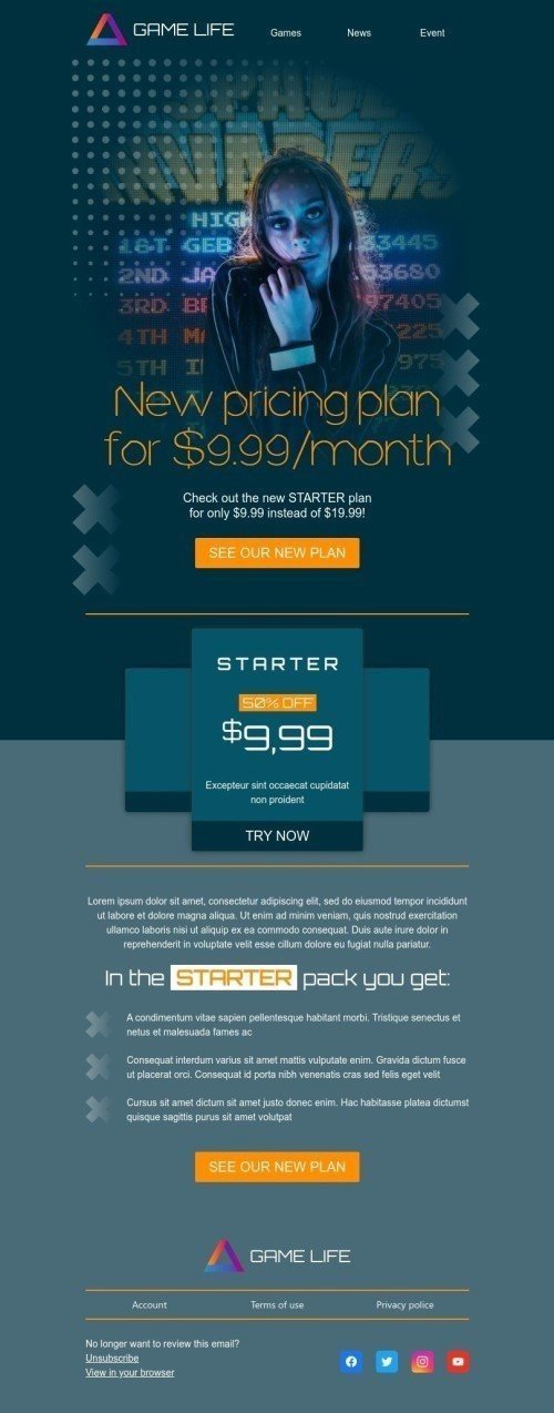 Announcement Email Template "New pricing plan" for Gaming industry desktop view
