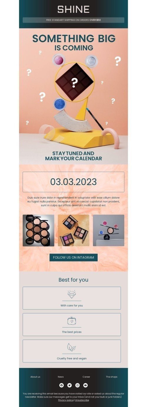 Product Launch Announcement Email Template "Stay tuned" for Beauty & Personal Care industry desktop view