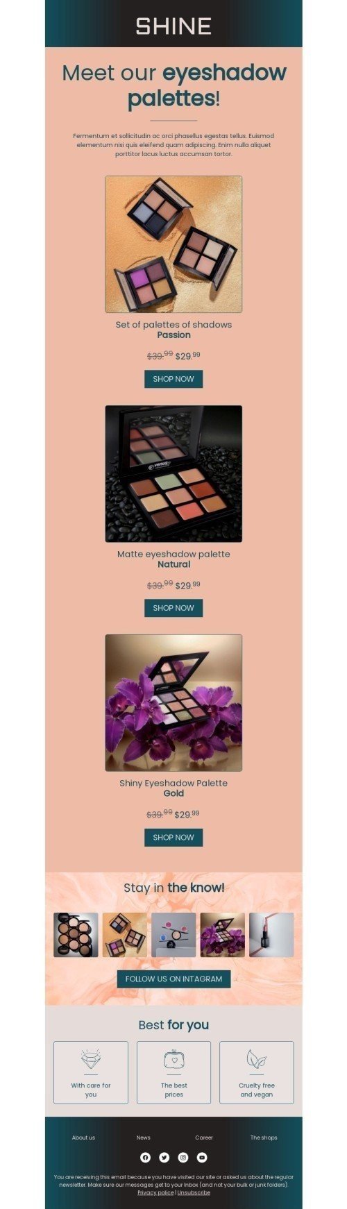 Product Launch Announcement Email Template "Meet eyeshadow palettes" for Beauty & Personal Care industry desktop view