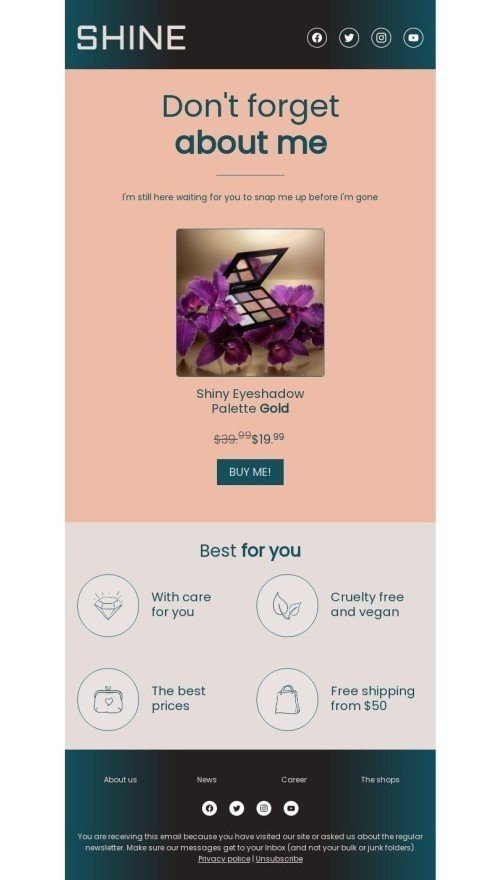 Modello Email Annuncio di lancio del prodotto «Non dimenticarti di me» per il settore industriale di Bellezza e cura della persona Visualizzazione mobile