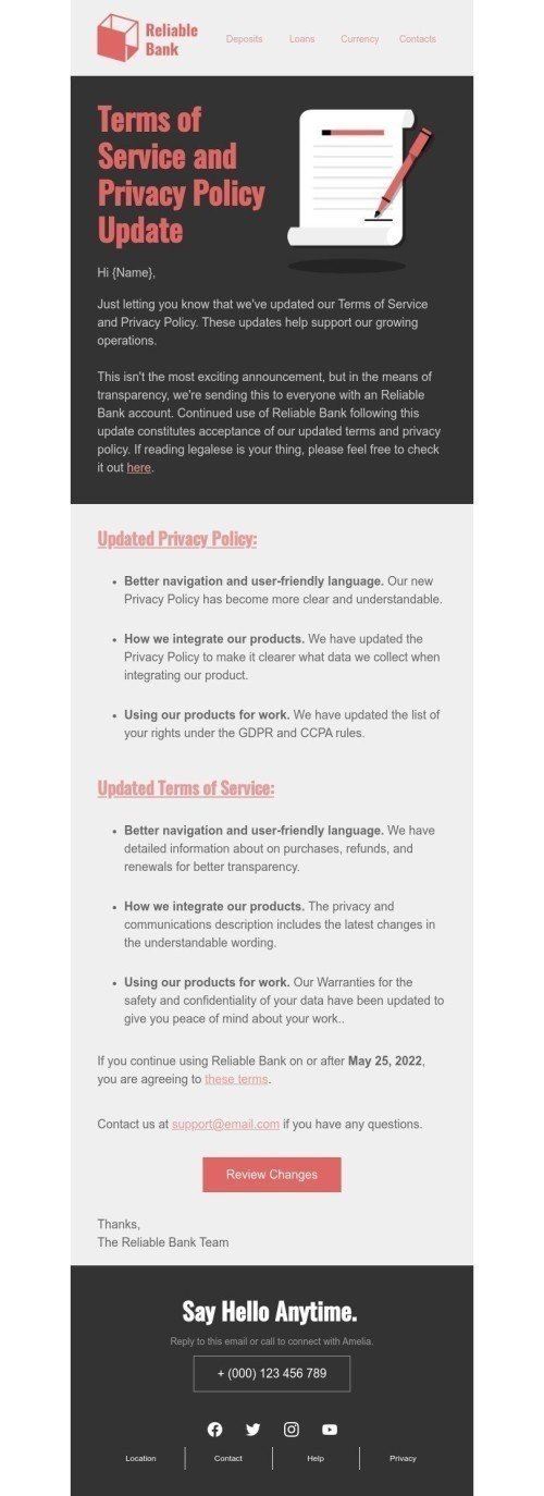 Terms of Service Email Template "Terms of Service and Privacy Policy Update" for Finance industry desktop view