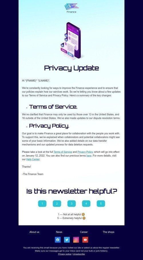 Terms of Service Email Template "Privacy Update" for Finance industry desktop view