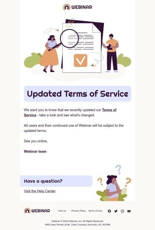 Terms of Service Email Template "Updated Terms of Service" for Webinars industry desktop view