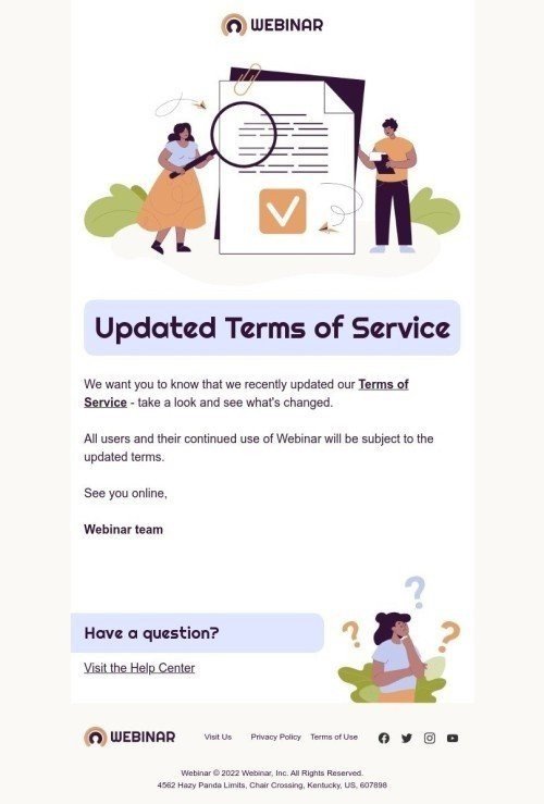 Modèle de courrier électronique Conditions d'utilisation «Conditions d'utilisation mises à jour» pour le secteur Webinars Affichage mobile