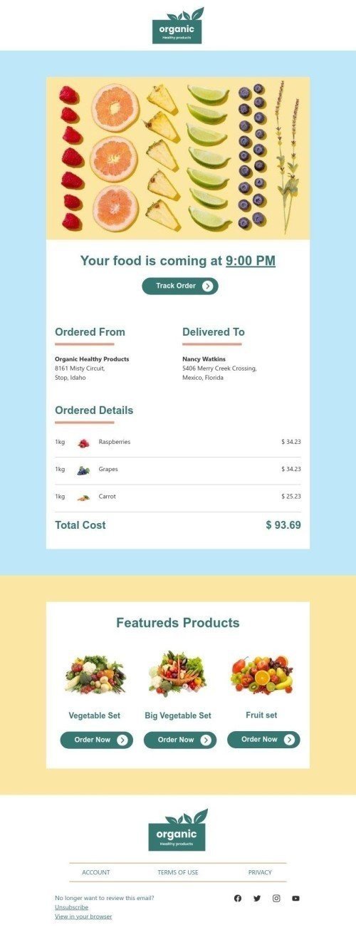 Delivery Email Template "Your food is coming" for Food industry desktop view