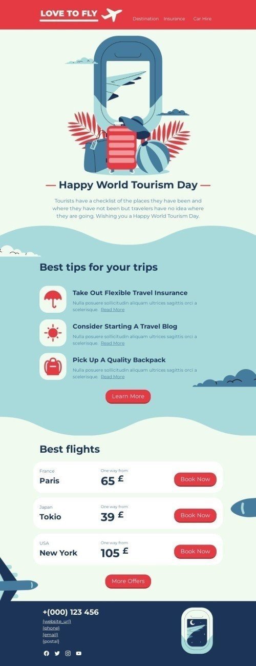 Modello Email Giornata mondiale del turismo «I migliori consigli per i tuoi viaggi» per il settore industriale di Compagnia aerea Visualizzazione desktop
