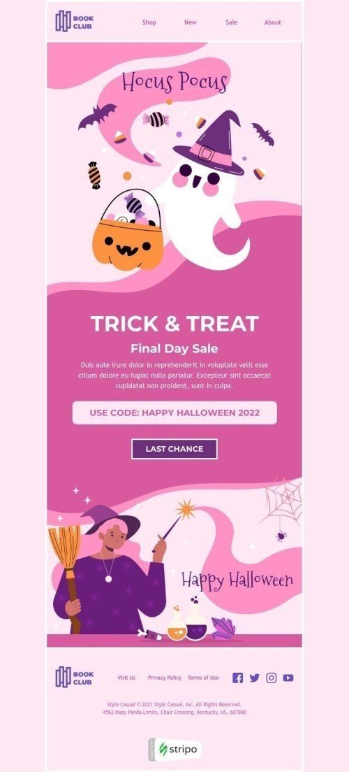 Plantilla de correo electrónico «Truco y trato» de Halloween para la industria de Libros y regalos y papelería Vista de escritorio
