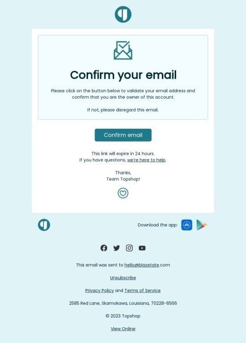 Confirmation email template "Confirm your email" for ecommerce industry mobile view