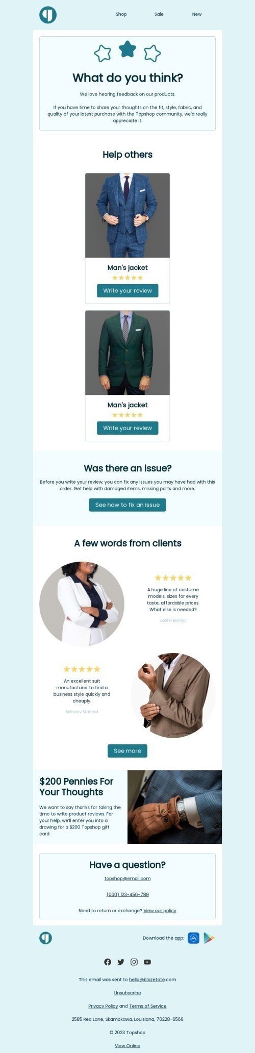 Survey & feedback email template "What do you think?" for ecommerce industry desktop view