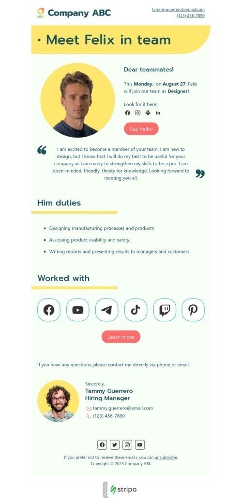 Modèle de courrier électronique interne «Bienvenue dans l'équipe» pour le secteur HR Affichage mobile