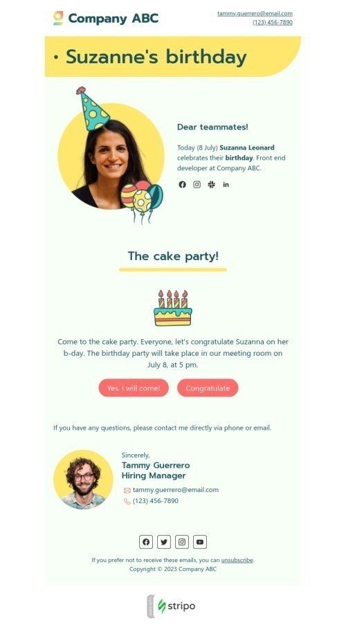 Internal email template "Information mail birthday" for human resources industry mobile view