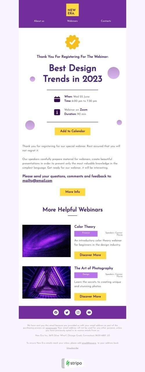 Confirmation email template "Thank you for registering" for webinars industry desktop view