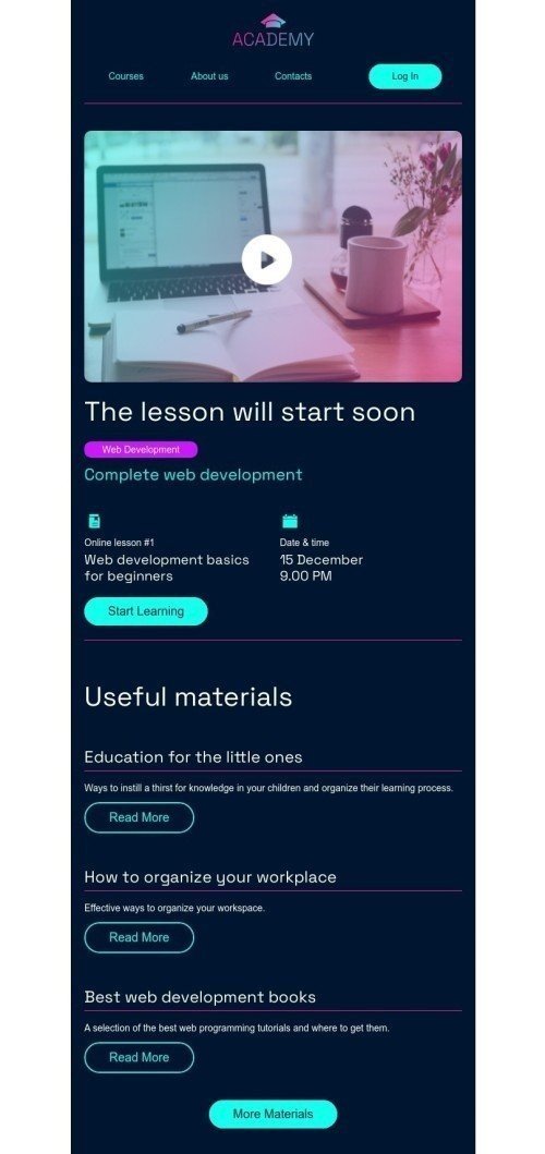 Modèle de courrier électronique rappel d’événement «Le cours va bientôt commencer» pour le secteur éducation Affichage mobile