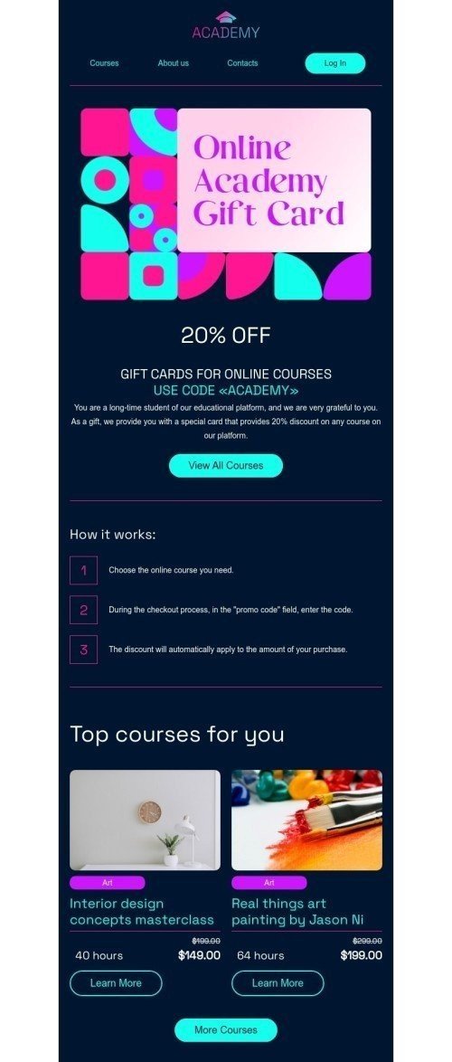 Modèle de courrier électronique promo «Code promotionnel pour une remise» pour le secteur éducation Affichage ordinateur