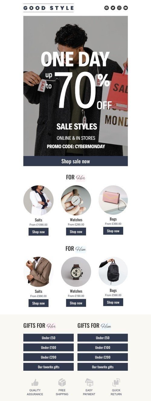 Cyber Monday email template "One day sale" for fashion industry desktop view