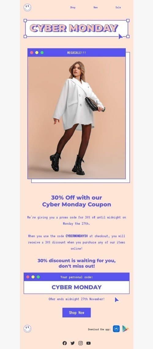 Cyber Monday email template "Our Cyber Monday coupon" for fashion industry desktop view