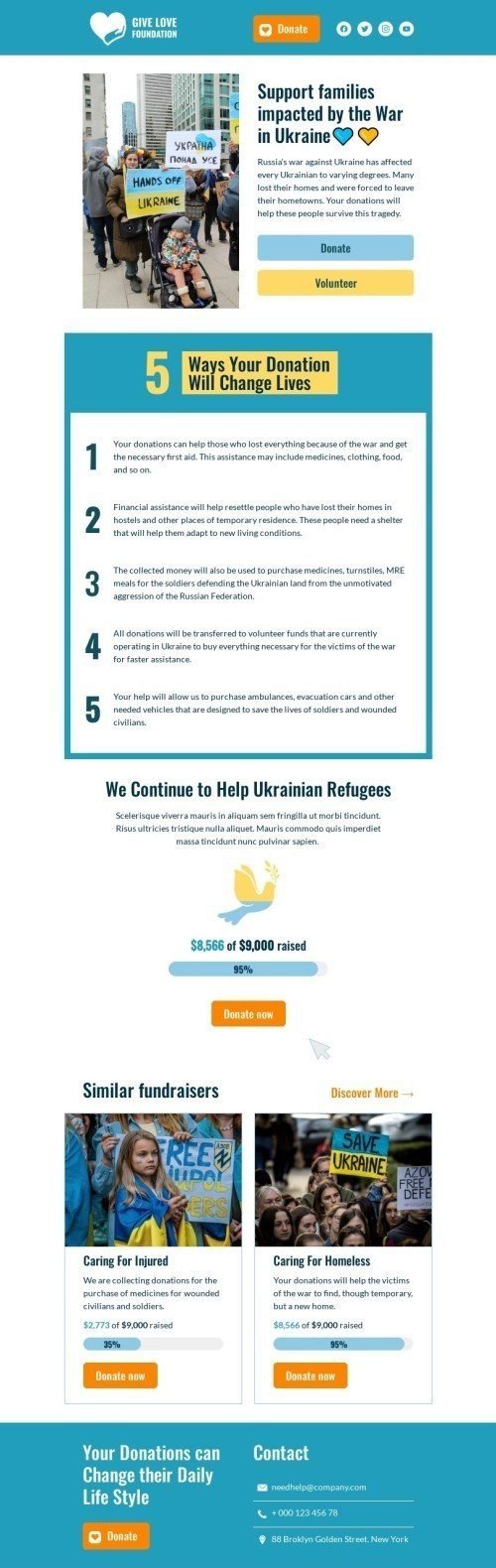 Promo email template "We continue to help ukrainian refugees" for nonprofit industry mobile view