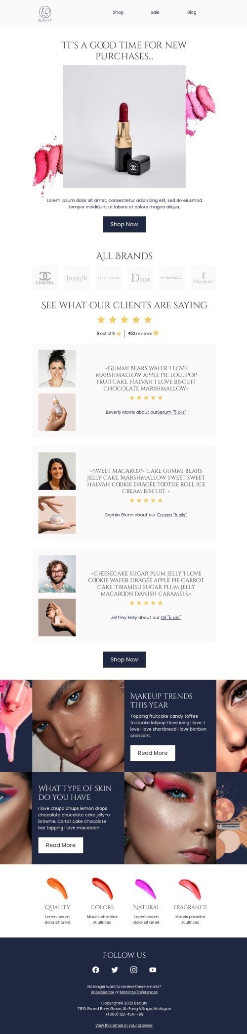 Modèle de courrier électronique promo «Bon moment pour de nouveaux achats» pour le secteur beauté & soins Affichage ordinateur
