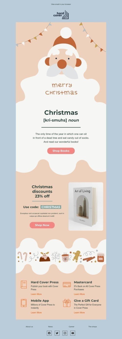 Christmas email template "Read our wonderful books" for books & presents & stationery industry desktop view