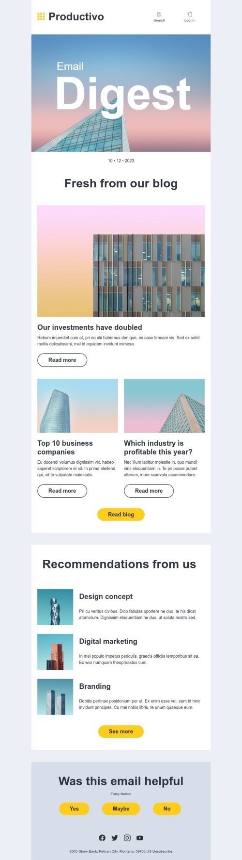 Modello email promo «Riassunto e-mail minimo» per il settore industriale di Immobiliari Visualizzazione mobile