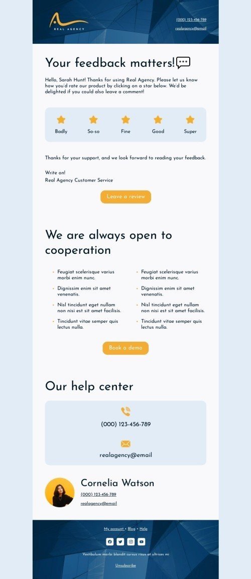 Customer service email template «Your feedback matters!» for business industry desktop view