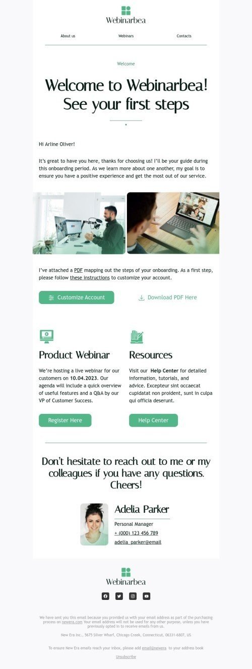 Promo email template «See your first steps» for webinars industry desktop view