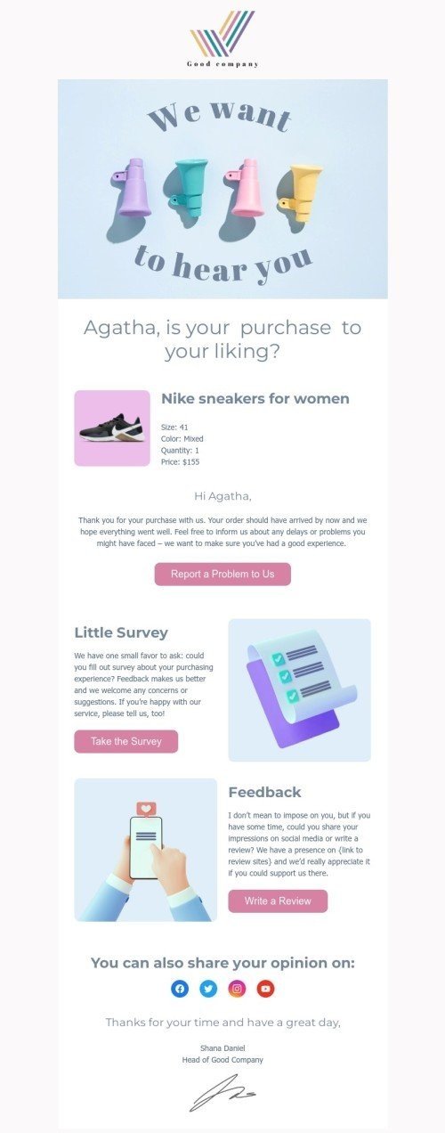 Customer service email template «We want to hear you» for fashion industry desktop view