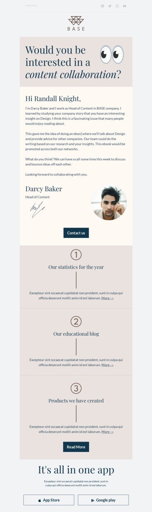 Outreach email template "Сontent collaboration" for fashion industry desktop view
