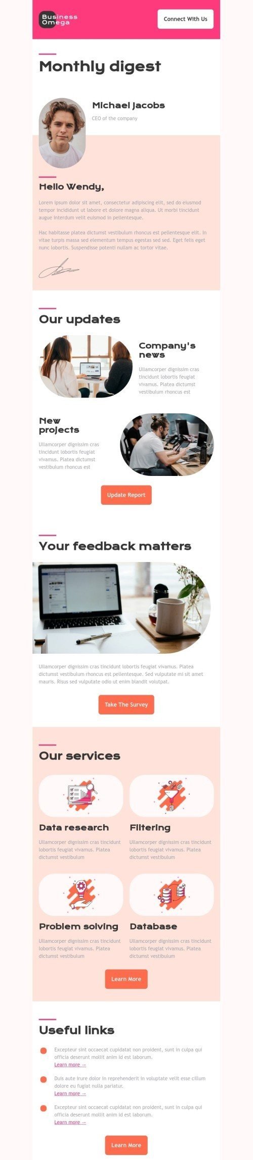 Promo email template «News from Omega» for business industry desktop view