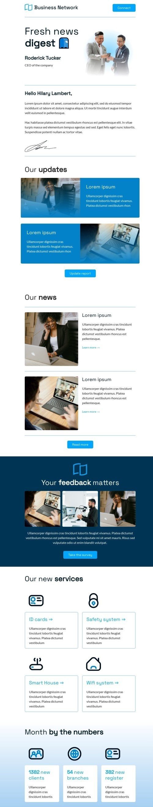 Modelo de e-mail de «Resumo de notícias frescas» de promoção para a indústria de negócios Visualização de desktop