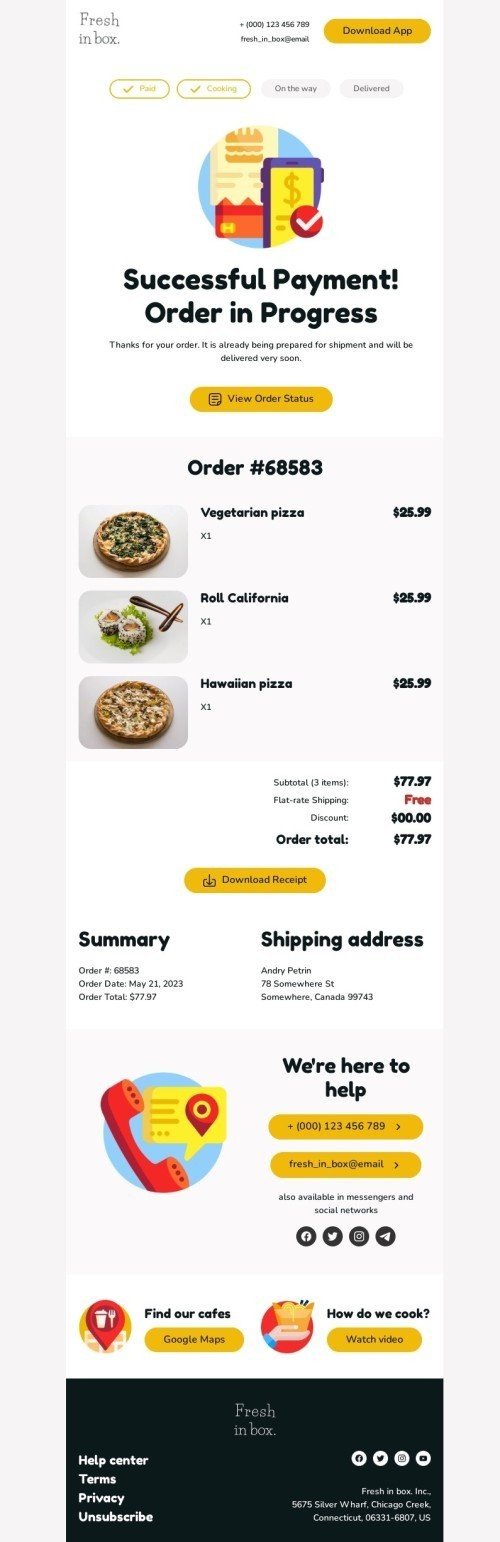 Шаблон письма «Успешный платеж» тематики триггерные для индустрии «Еда» мобильный вид