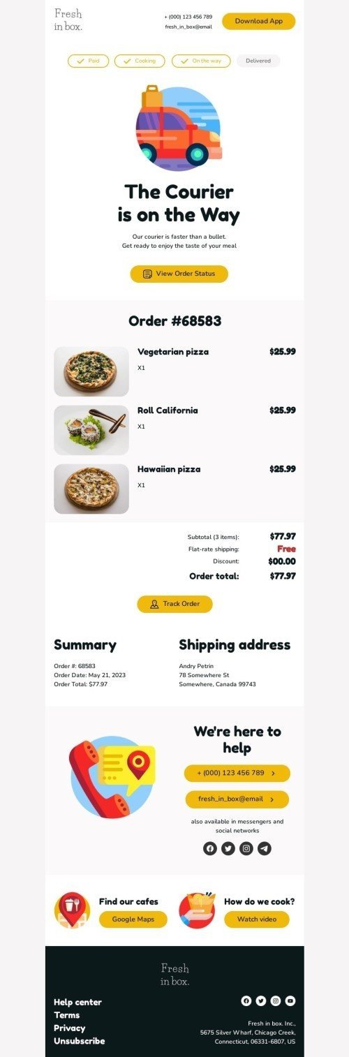 Шаблон листа «Кур'єр вже в дорозі» тематики тригерні для індустрії «Їжа» мобільний вигляд