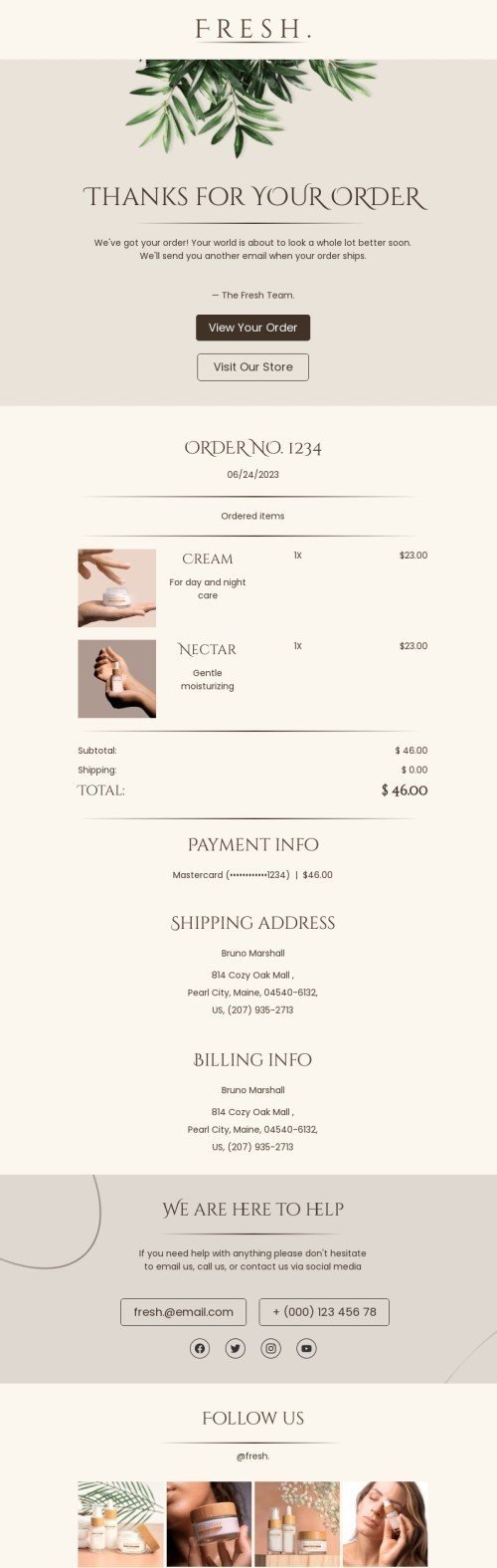 Trigger email template "Thanks for your order" for beauty & personal care industry mobile view