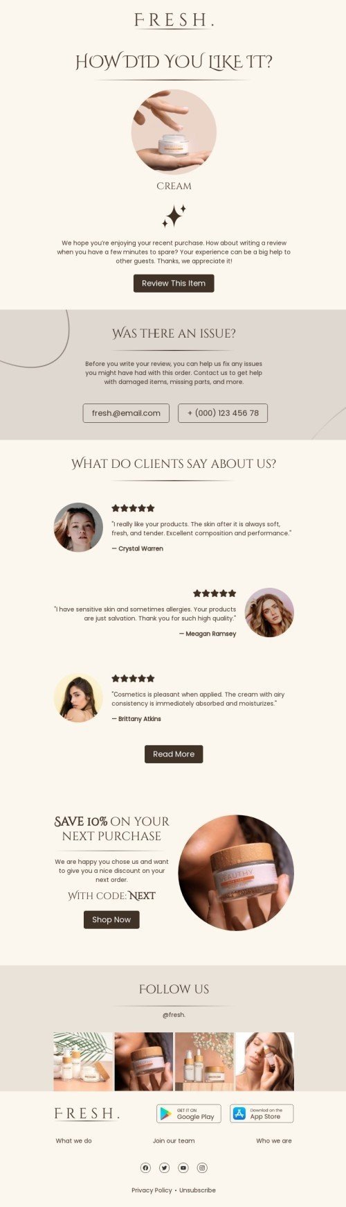 Werbung E-Mail-Vorlage «Wie hat es Dir gefallen?» für Beauty & Pflege-Branche Desktop-Ansicht