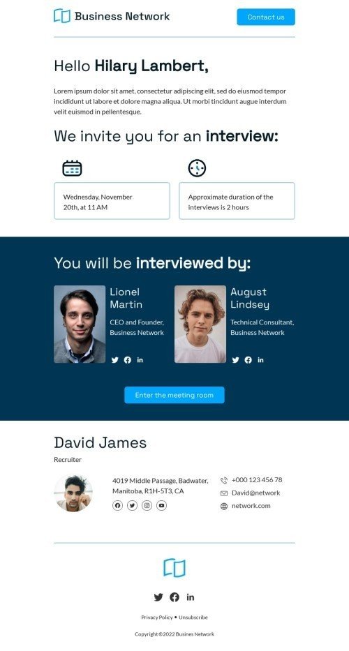 Promo email template "We invite you for an interview" for business industry desktop view