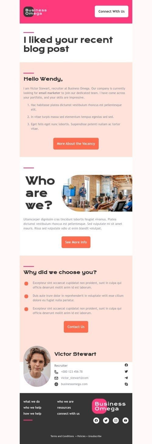 Promo email template "I liked your recent blog post" for business industry desktop view